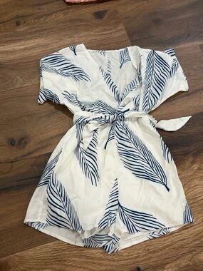 White and Navy Leaf Print romper